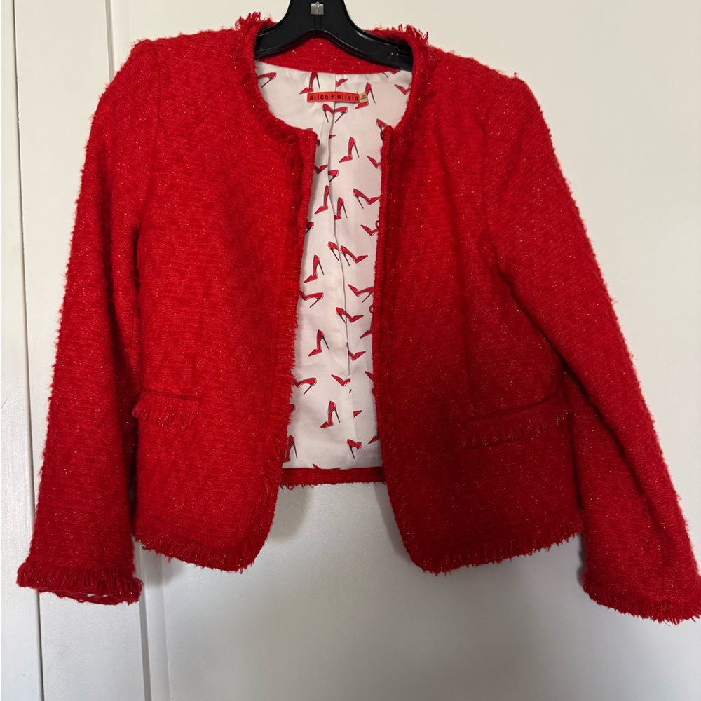 Alice + Olivia Red Tweed Blazer with Silver Sparkles - Very Good condition